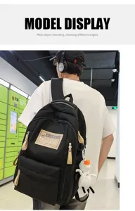 Black tactical backpack for students, multi-compartment casual school bag for daily travel.
