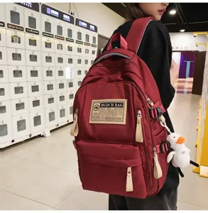 Detailed view of large capacity tooling backpack with multiple compartments and cute duck pendant.