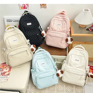 Sac à dos pour fille à pois doux style coréen cartable décontracté avec pendentif chiot