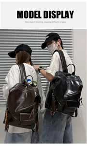 Retro motorcycle style couple backpack, urban leather school computer bag, casual travel.
