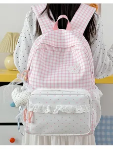 Sweet pink plaid school backpack with cute polka dot front pocket and lace ruffle trim.