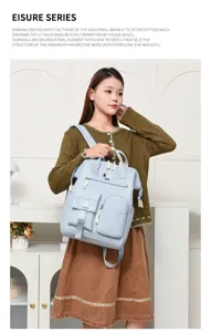 Close-up of the light blue multi-pocket mommy backpack showing front storage compartments.