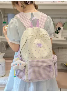 Sweet cute style plaid star patchwork backpack with plush cloud pendant for daily school travel
