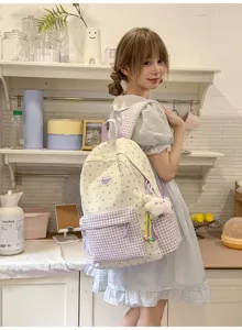 Sweet star plaid patchwork student backpack, cute healing style casual travel school bag.