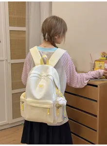 Cute yellow plaid star print student backpack, sweet aesthetic travel school bag for girls.