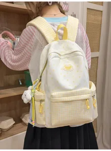Cute yellow plaid star print backpack sweet aesthetic school bag casual daypack for teens