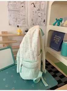 Cute mint green star plaid patchwork backpack side view detail for sweet school girls