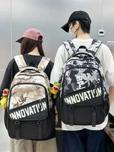 Sac à Dos Utilitaire à Imprimé Camouflage Color Block pour Adolescents Étudiants Mode Grande Capacité Sac d'École Cool Streetwear Sac à Dos de Voyage Extérieur