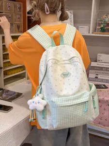 Sweet plaid and star patchwork backpack for girls, cute student travel casual daily bag.