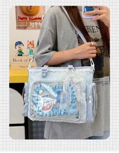 Cute polka dot lace ita bag, sweet Japanese style clear window shoulder bag for daily use.