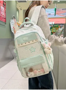 Korean sweet star style duo-tone ita school backpack with transparent front pocket