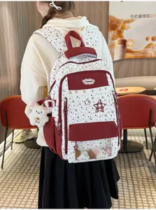 Korean sweet star color-blocked school backpack ita bag detail view with transparent window.