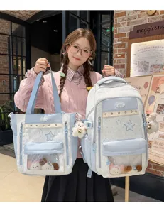 Korean sweet star dopamine ita bag cute color block school backpack set for teen students