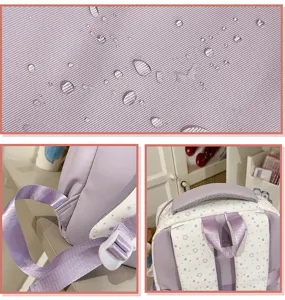 Detail view of Korean sweet star backpack, waterproof purple fabric, adjustable strap.