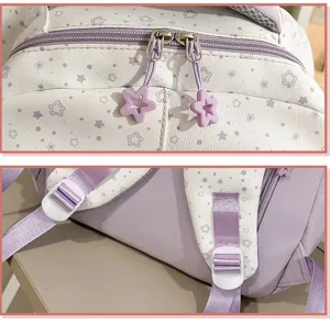 Detailed view of cute star pattern purple white backpack straps and zipper pulls.