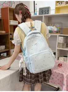 Backpack detail view showing ice blue star pattern fabric and cute lace design features.