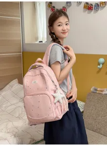Pink star pattern cute school backpack for teen girls, casual travel daypack with lace trim.