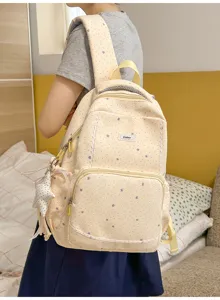 Detailed view of the cute star print backpack with delicate lace trim and soft fabric.