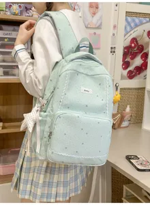 Cute mint green star lace backpack for students light blue aesthetic school bag daily travel