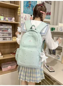Cute mint green school backpack for women teens, sweet star print lace trim travel daypack casual.