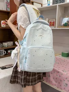 Women's Sweet Star Print Nylon Backpack With Hollow Lace Trim Student School Bag Casual Travel Rucksack For Adolescents