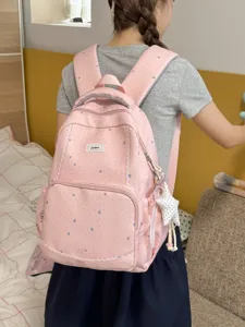Pink star pattern cute school backpack for students, featuring sweet lace trim design.