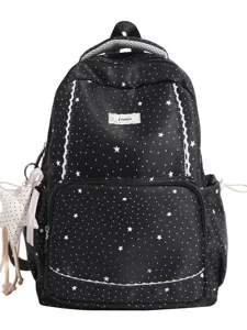Black star print school backpack with cute white lace trim for teen girls and students traveling