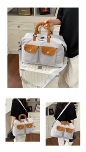 Retro color-block travel duffel bag large capacity casual canvas luggage for gym school trips.