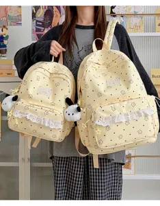 Kawaii Lolita star print backpack detail view with lace ruffles and cute puppy pendant.