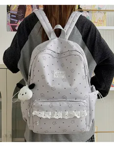 Cute Lolita style school backpack with star dot print and sweet lace pocket for girls.