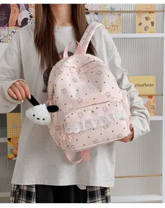 Japanese Lolita pink canvas backpack with star print, lace trim and cute plush dog pendant.