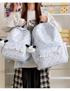 Japanese Lolita style cute double shoulder backpack with star print lace and ruffles for girls
