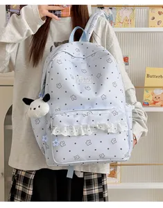 Detail view of Japanese Lolita style ruffles star print canvas backpack with cute puppy pendant.