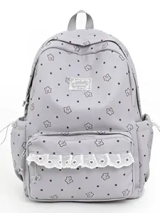Japanese Lolita style cute star print grey backpack with white lace ruffle for school and travel