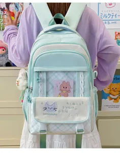 Zaino scolastico kawaii verde menta con finestra trasparente, pizzo e scomparti multipli.