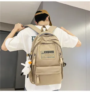 Beige khaki utility backpack with multi compartments, trendy student school bag for daily travel.