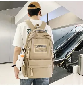 Casual khaki canvas backpack for students, multi-pocket tactical school bag with cute duck.