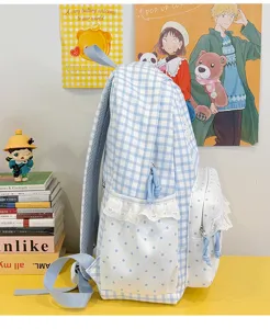 Detailed view of the blue checkered backpack featuring cute polka dot lace front pocket and mesh straps.