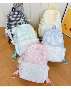 Cute plaid and polka dot canvas backpack multi-color set with sweet lace trim and heart.
