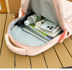 Sac à dos d'école pour filles à pois doux coréen avec grand compartiment pour ordinateur.