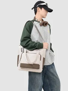 Men Oxford Cloth Color Block Tote Bag Korean Simple Casual Messenger Bag Large Capacity Laptop Shoulder Bag For Students