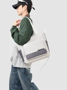 Minimalist color-block tote bag for men, casual student shoulder bag for daily commute.