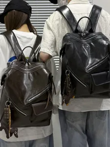 American retro motorcycle style couple backpack, PU leather laptop bag for daily commute.