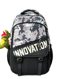 Cool camo colorblock backpack with tactical design and bold lettering for students and travel.