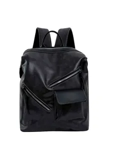 Retro motorcycle style black leather backpack for college students, commuting and travel.