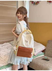 Korean style beige and brown colorblock casual canvas backpack for women students daily use
