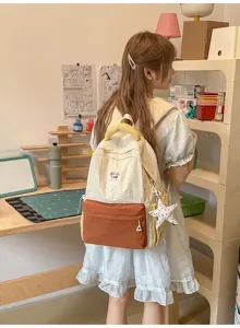 Korean style canvas backpack contrasting color school travel casual daypack for women