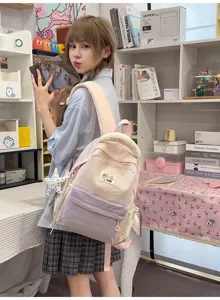 Korean style canvas backpack with color blocking design, casual cute school book bag for girls.