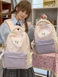 Pink and purple patchwork canvas casual school backpack for teenage girls cute sweet style bag.
