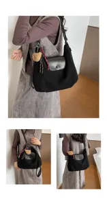 Korean retro black suede shoulder underarm bag featuring a cute plush bear pendant and flap.